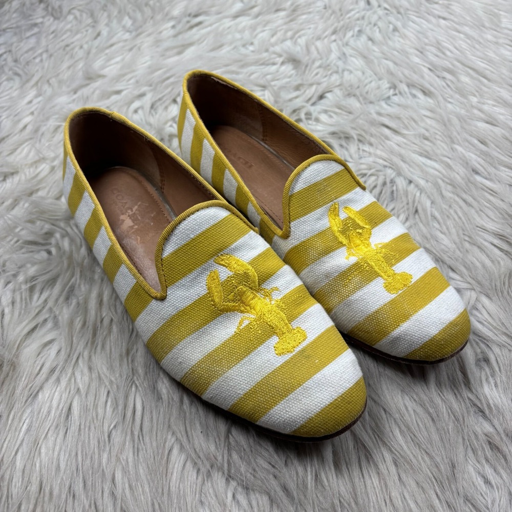 Coach Women's 8.5 Utopia Lobster Loafers Woven Yellow White Stripe Embroidered